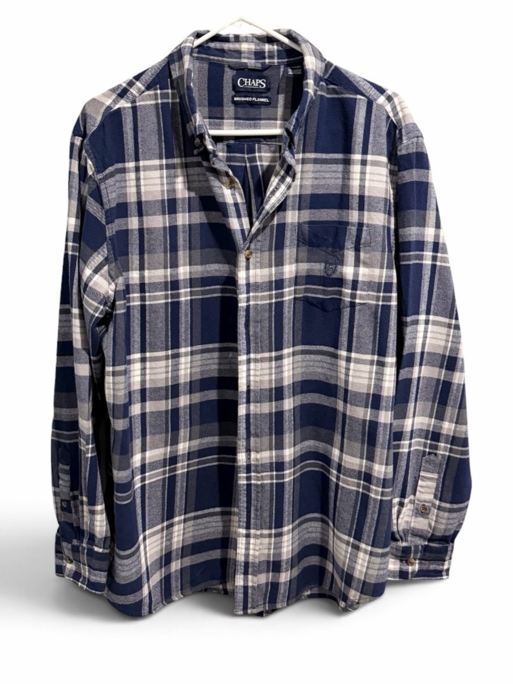 Men’s Chaps Navy White Grey Brushed Flannel Plaid Button-Down Shirt